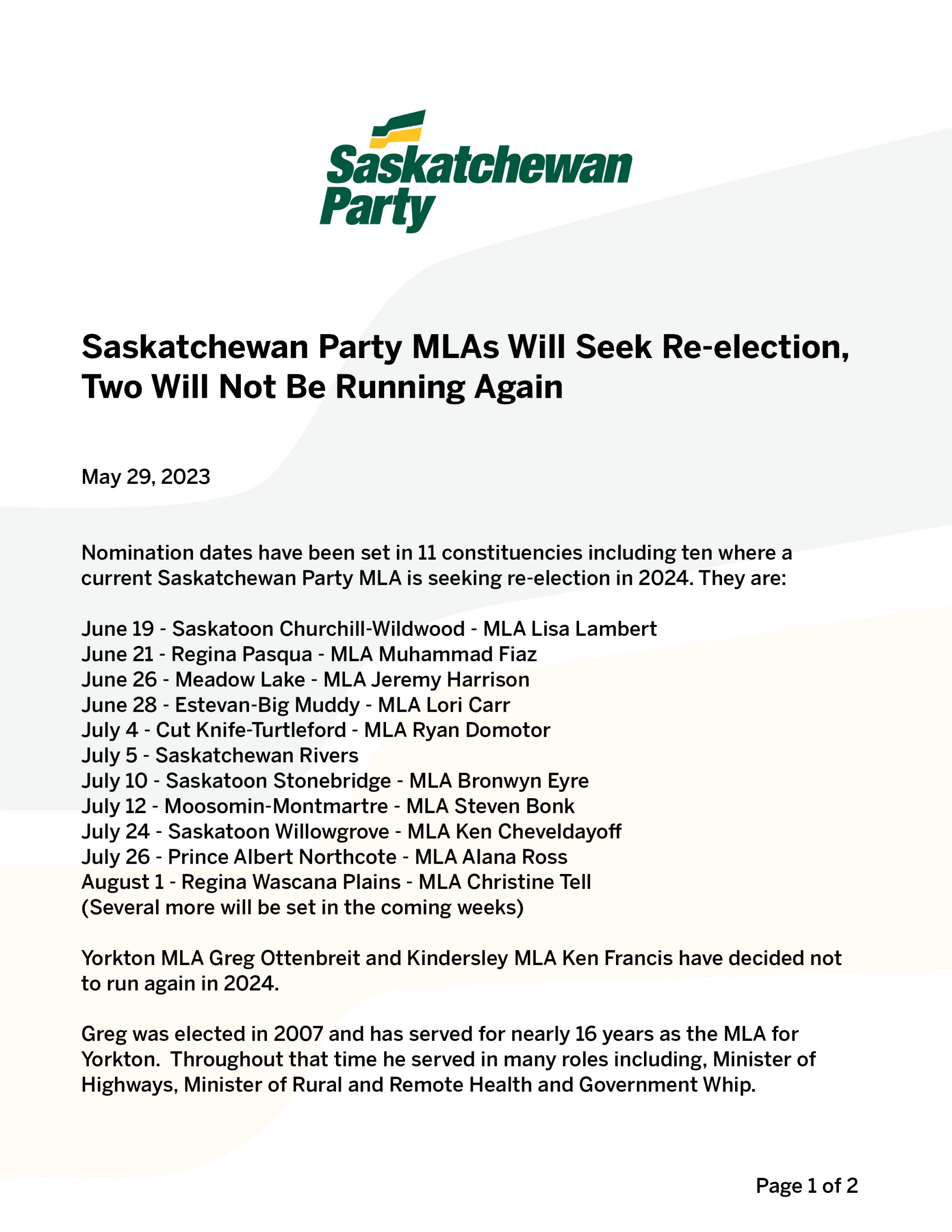 Two Sask Party MLA’s Will Not Run For Re-election Next Year. | Country ...